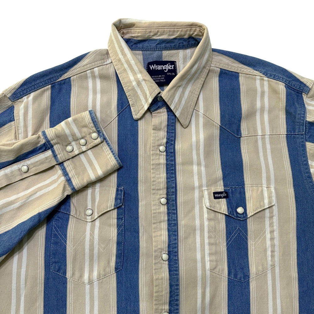 VTG Wrangler Western Pearl Snap Shirt 17.5 Long Tail Striped Cowboy Americana